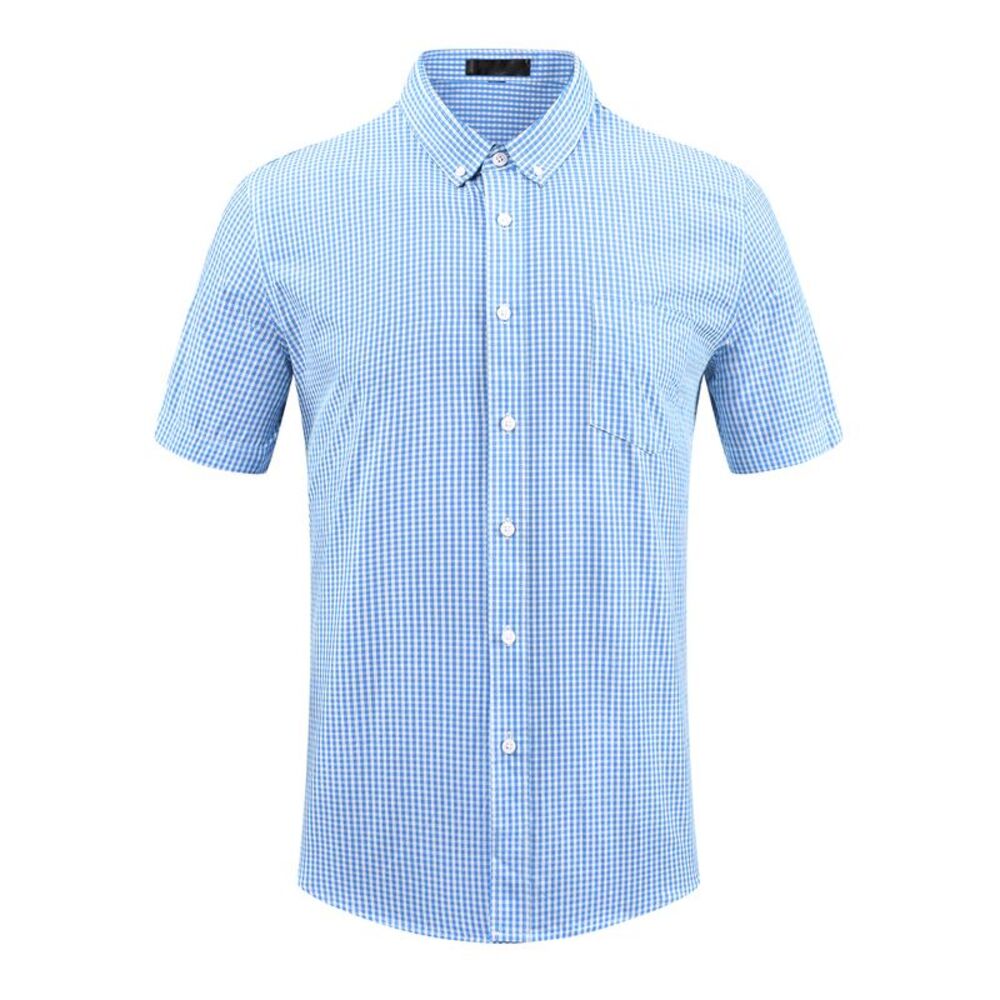 Gingham Tartan Short Sleeve Slim Fit Business Plaid Dress Shirt Blue